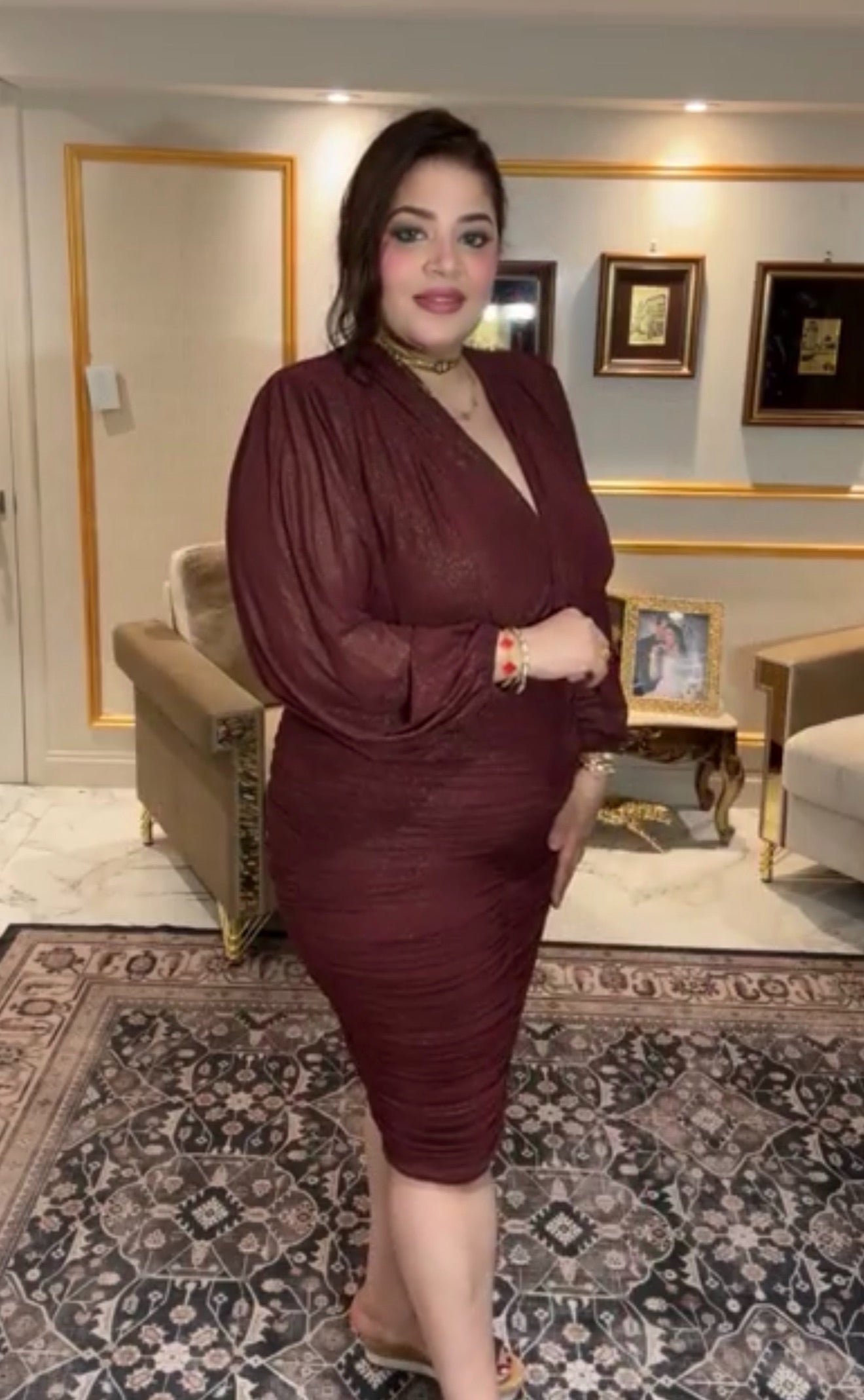 Elegant Lace Ruched Dress – Burgundy