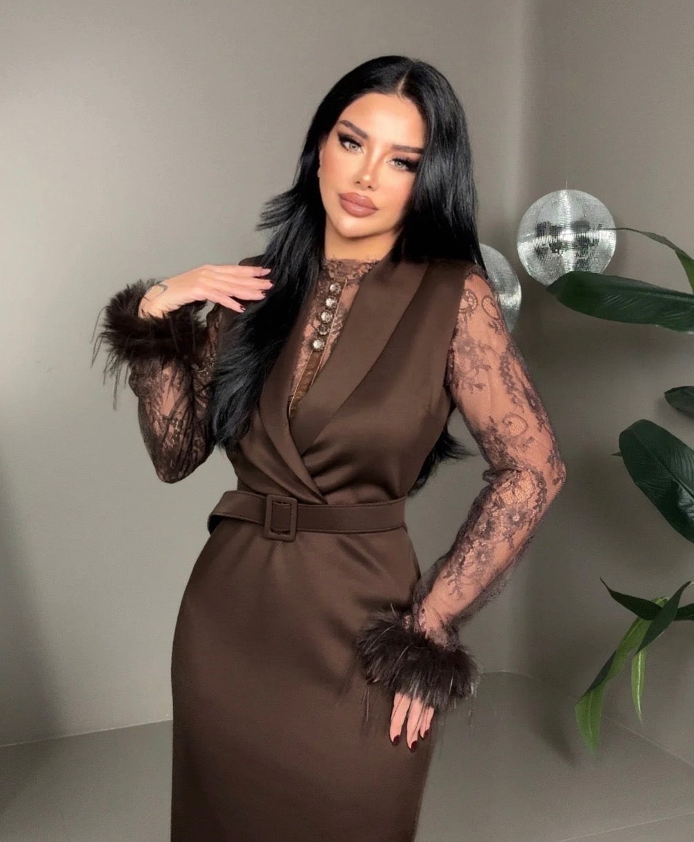 Elegant Chocolate Lace Sleeve Midi Dress