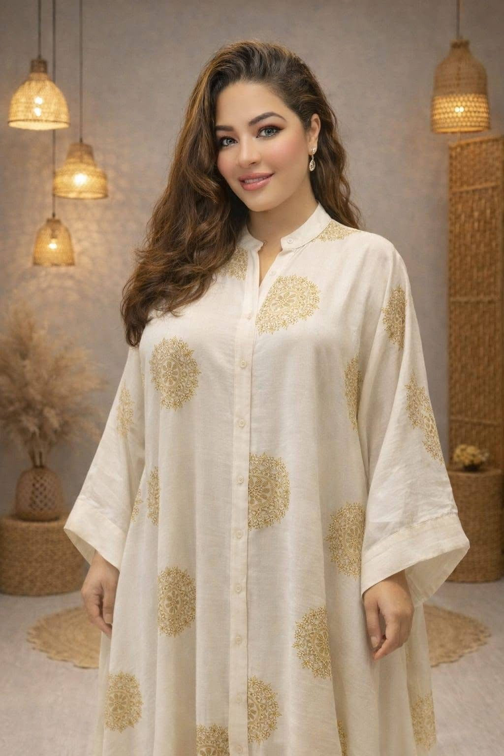 Beige dress embroidered with luxurious gold threads, made in Turkey