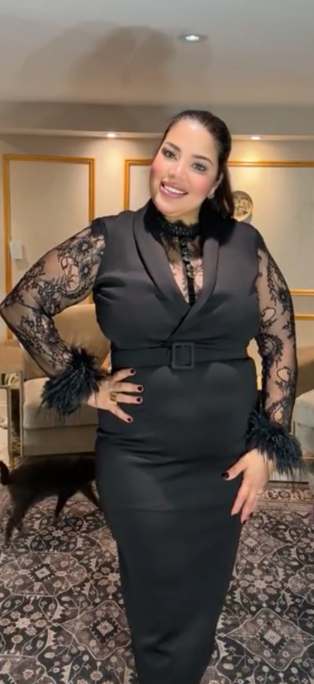 Elegant black Lace Sleeve Midi Dress