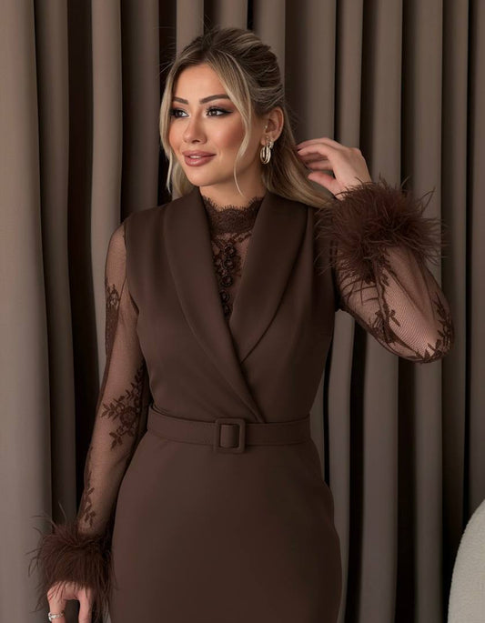 Elegant Chocolate Lace Sleeve Midi Dress