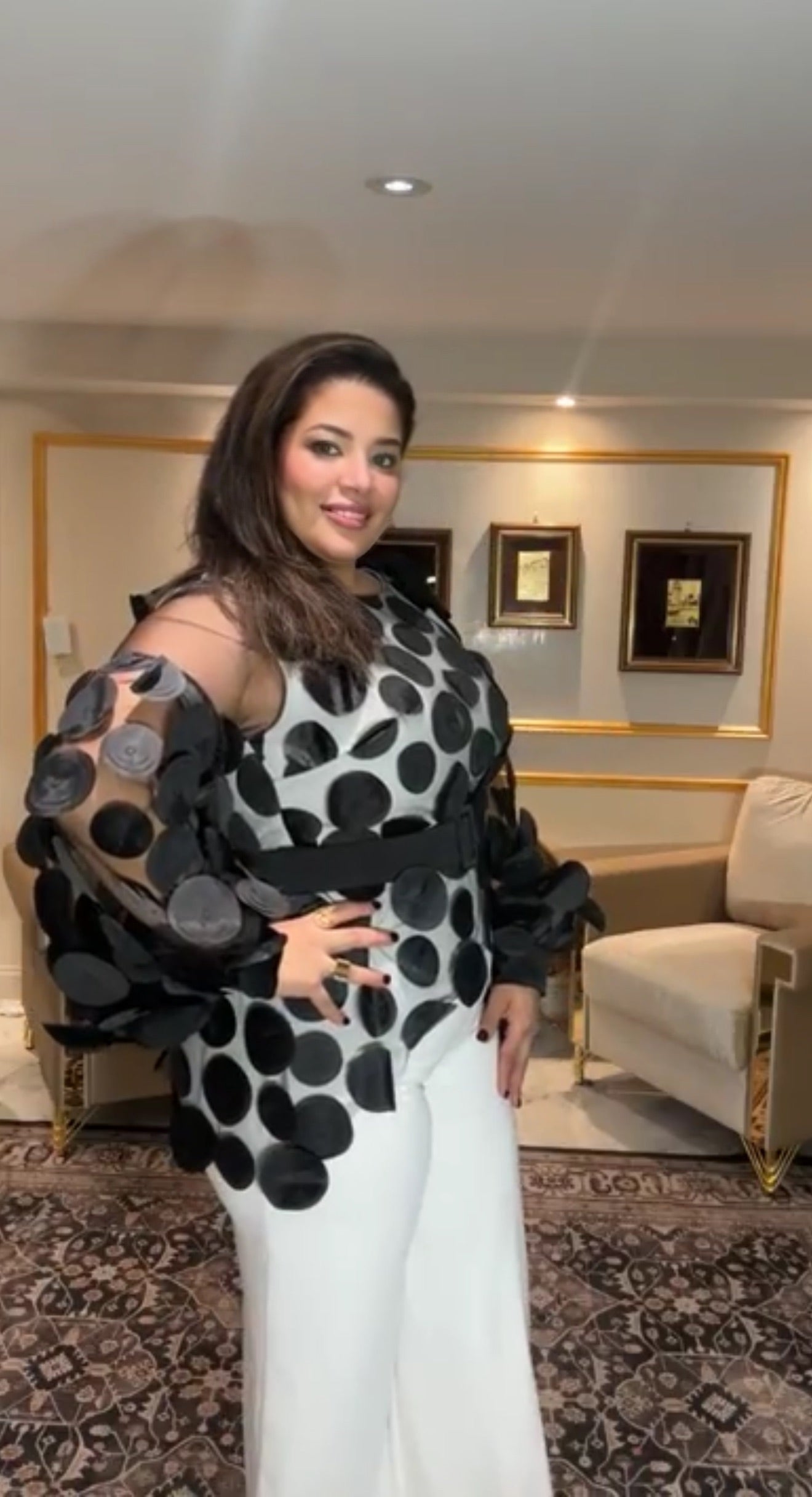 Elegant Black & White Polka Dot Jumpsuit with Sheer Embellished Sleeves