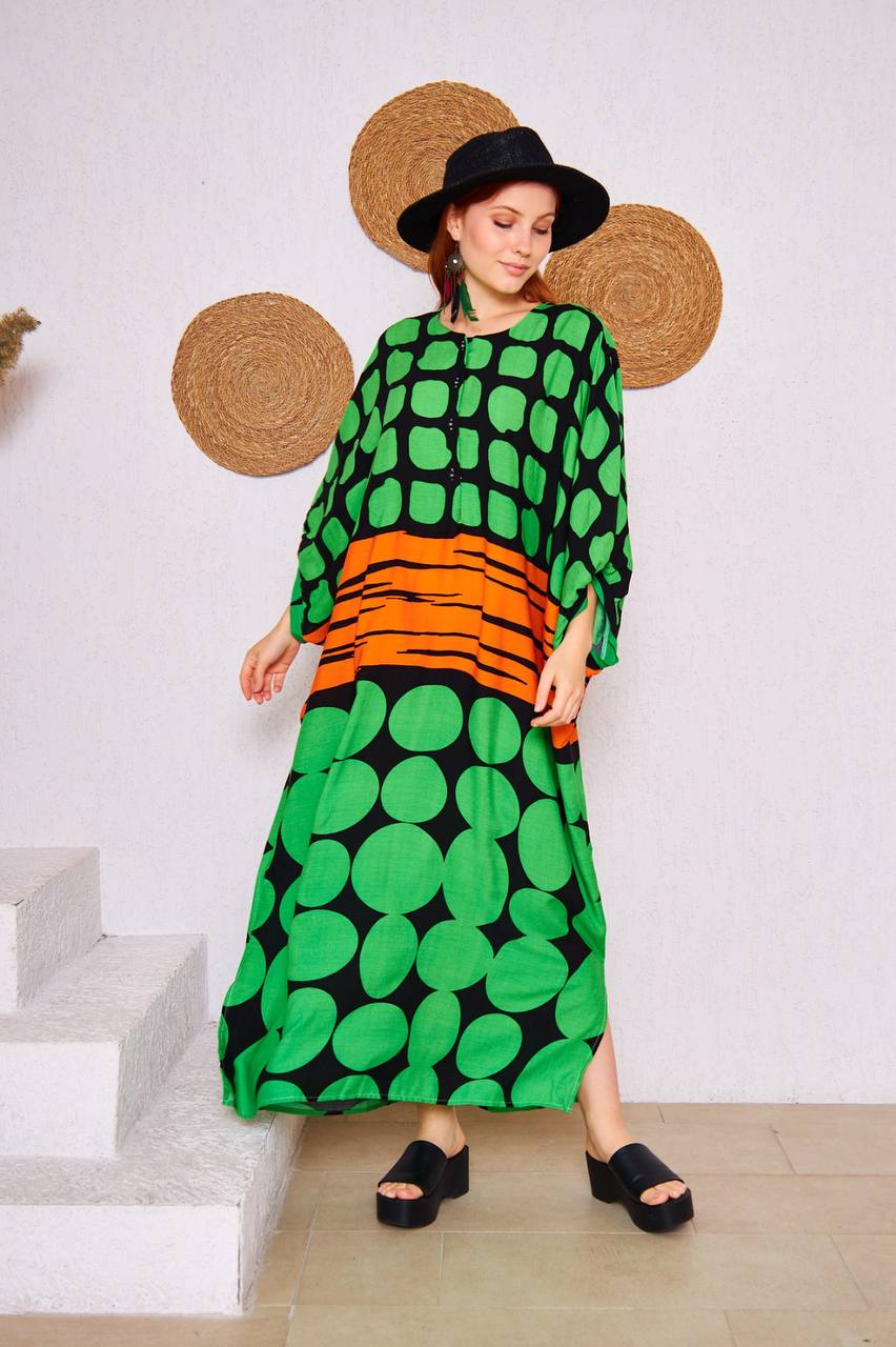 Maxi Kaftan Dress – Orange & Green Geometric Print