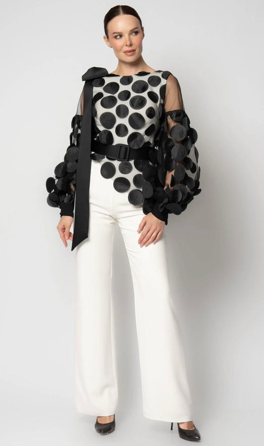 Elegant Black & White Polka Dot Jumpsuit with Sheer Embellished Sleeves