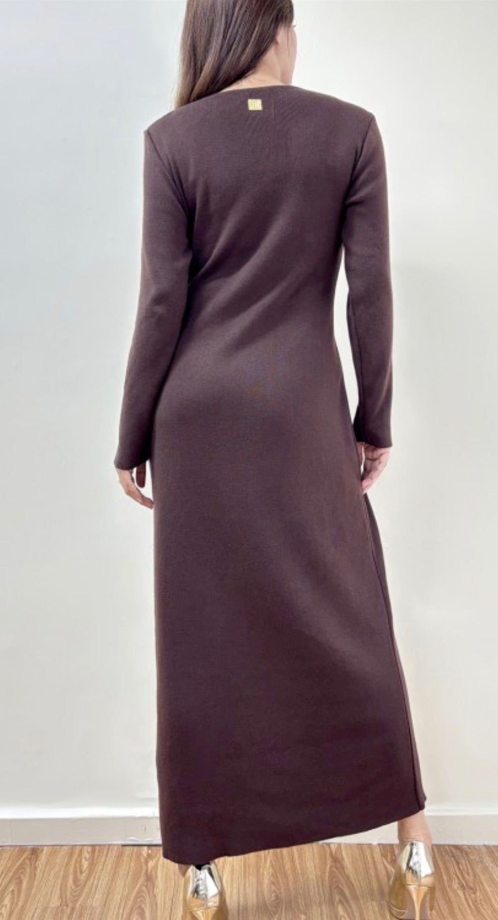 Luxury Brown Maxi Dress with Gold Side Buttons