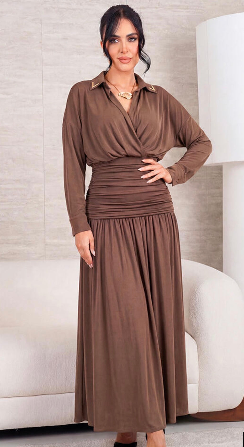 Elegant Draped Maxi Dress – Chocolate Brown