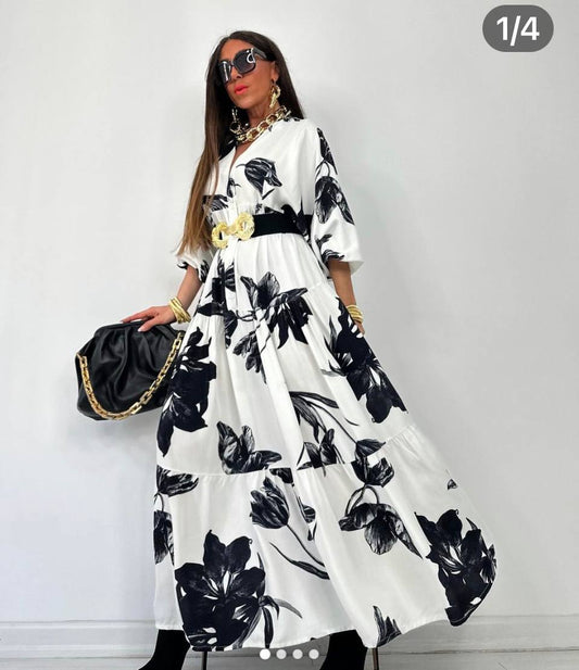 Women’s Floral Maxi Dress – Elegant Black & White
