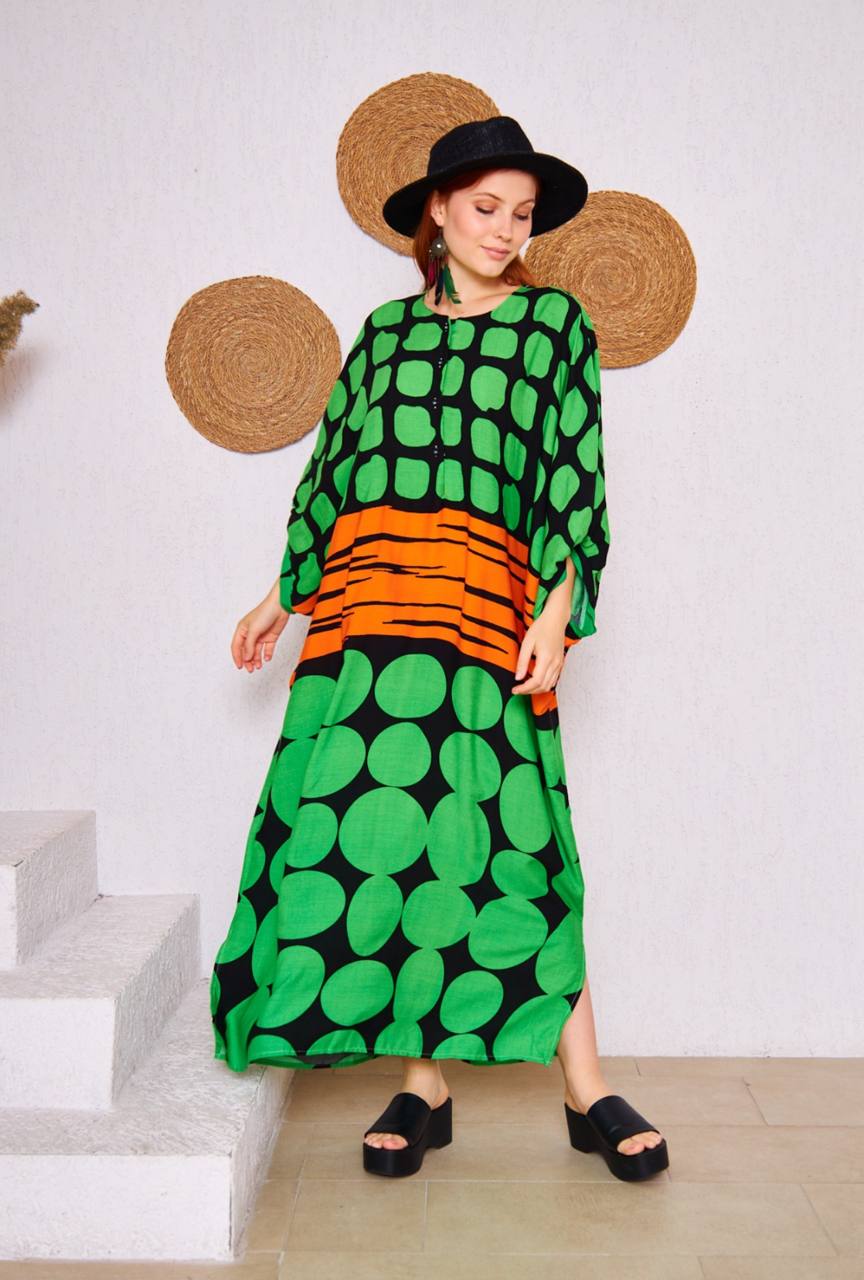 Maxi Kaftan Dress – Orange & Green Geometric Print