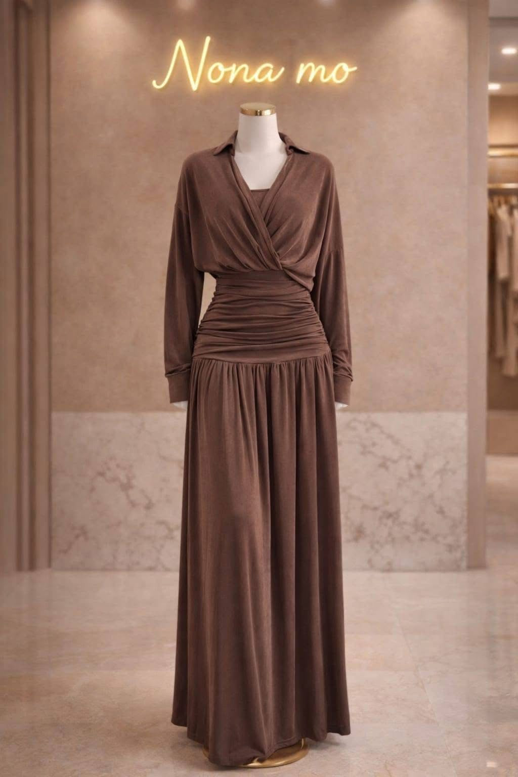 Elegant Draped Maxi Dress – Chocolate Brown