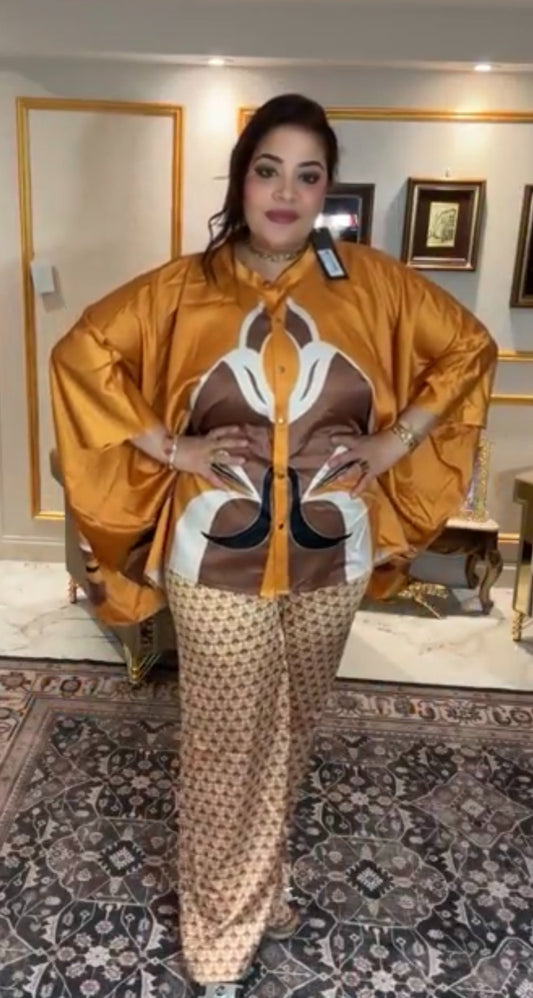 Luxury Turkish Satin Two-Piece Set – Mustard
