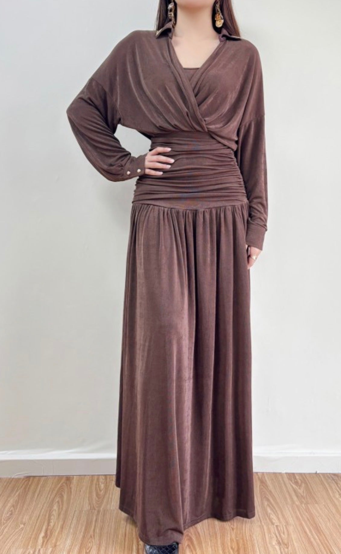 Elegant Draped Maxi Dress – Chocolate Brown