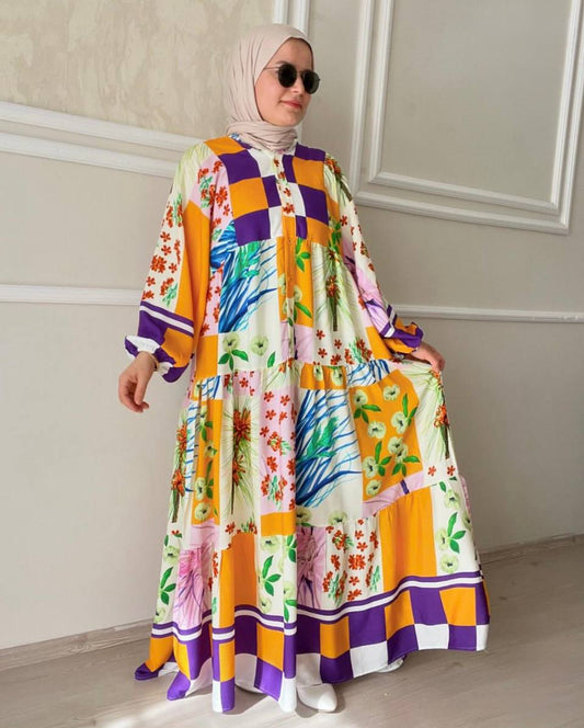 Colorful Patchwork Floral Modest Maxi Dress