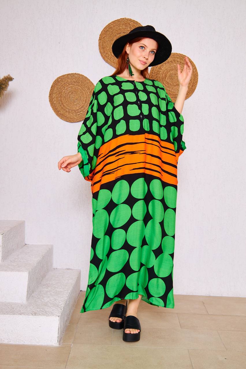 Maxi Kaftan Dress – Orange & Green Geometric Print