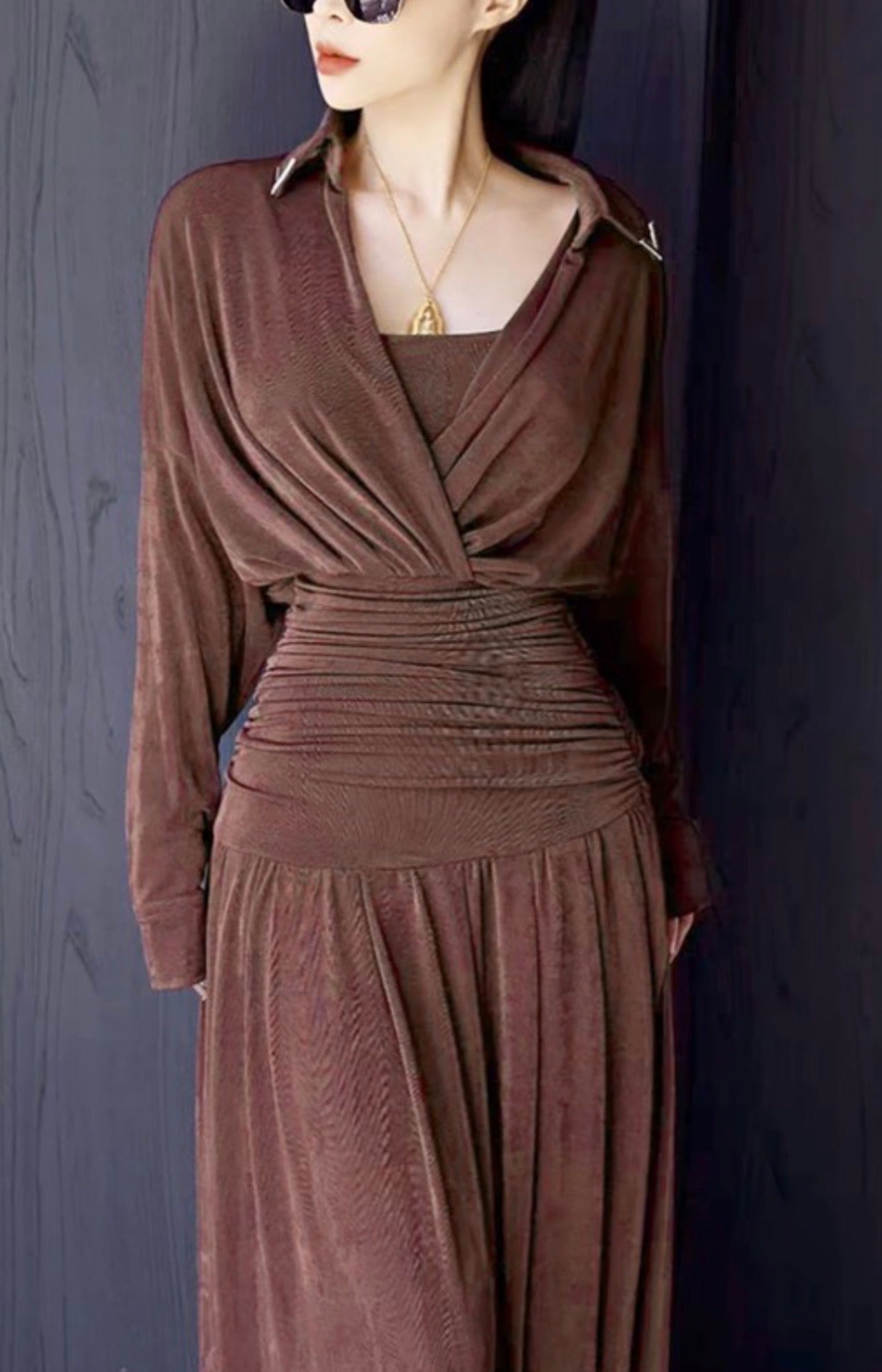 Elegant Draped Maxi Dress – Chocolate Brown