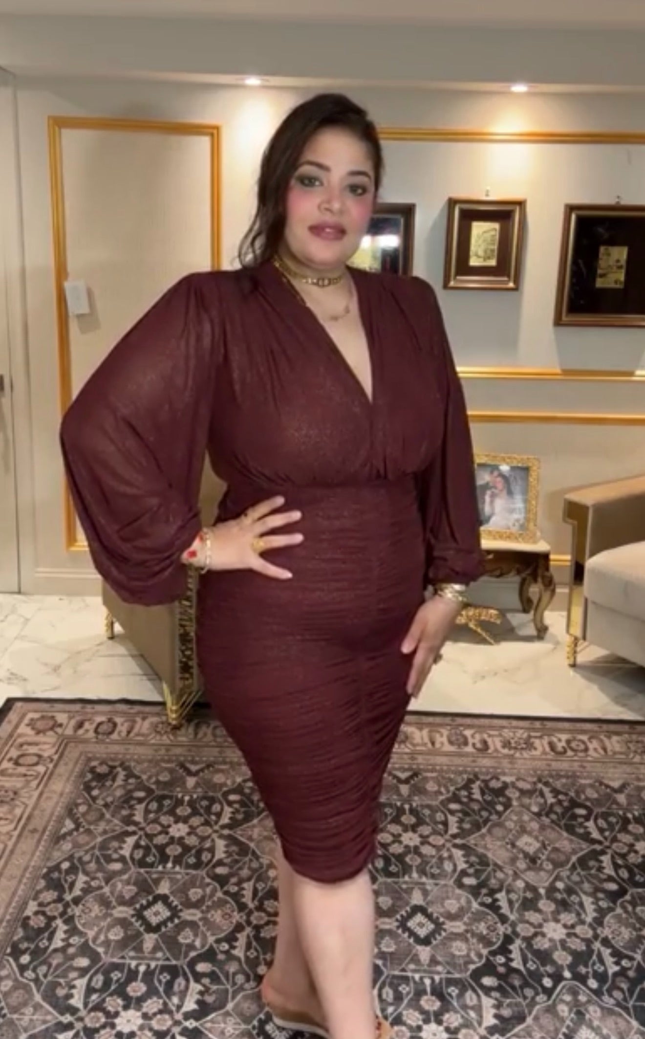 Elegant  Lace Ruched Dress – Burgundy