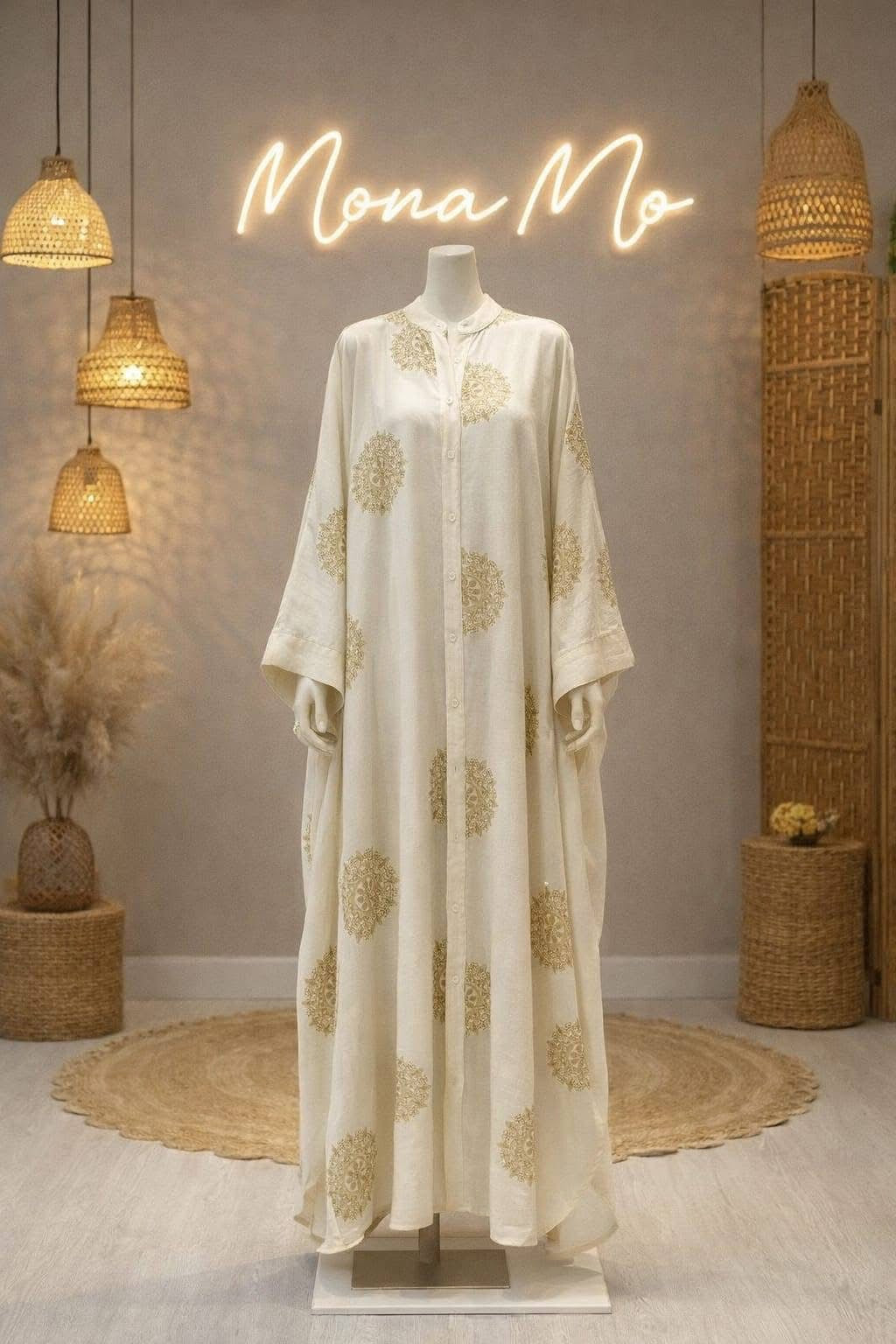 Beige dress embroidered with luxurious gold threads, made in Turkey