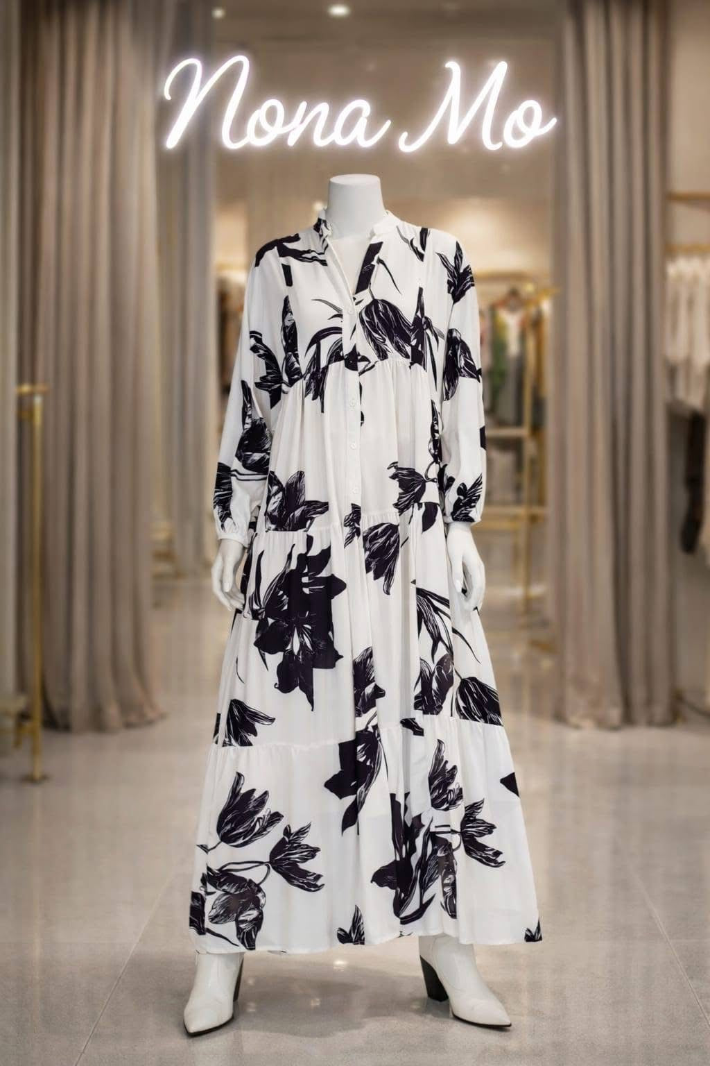 Women’s Floral Maxi Dress – Elegant Black & White