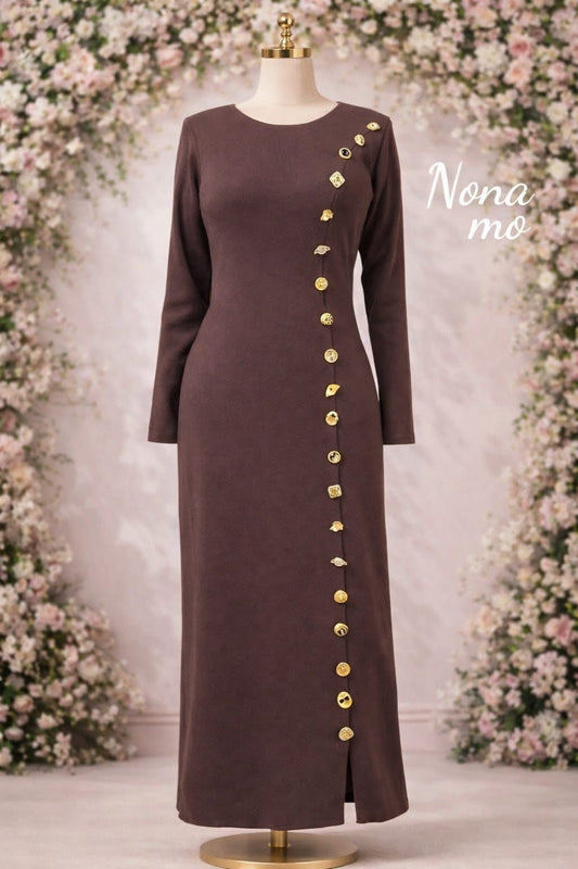 Luxury Brown Maxi Dress with Gold Side Buttons