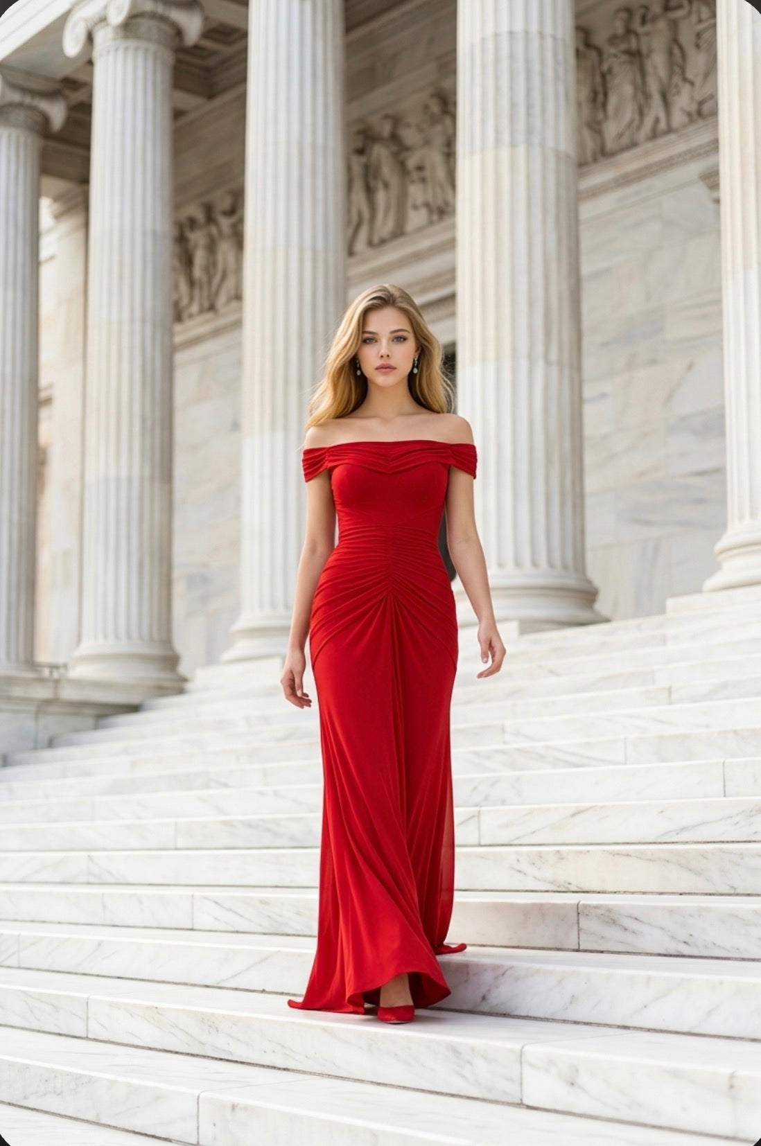 Luxury Red Evening Gown – Elegant Off-Shoulder Dress