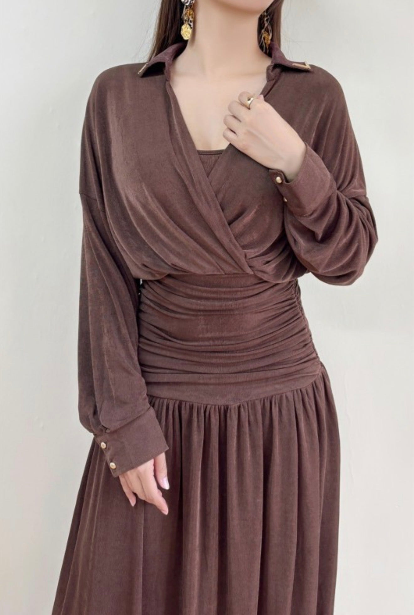 Elegant Draped Maxi Dress – Chocolate Brown