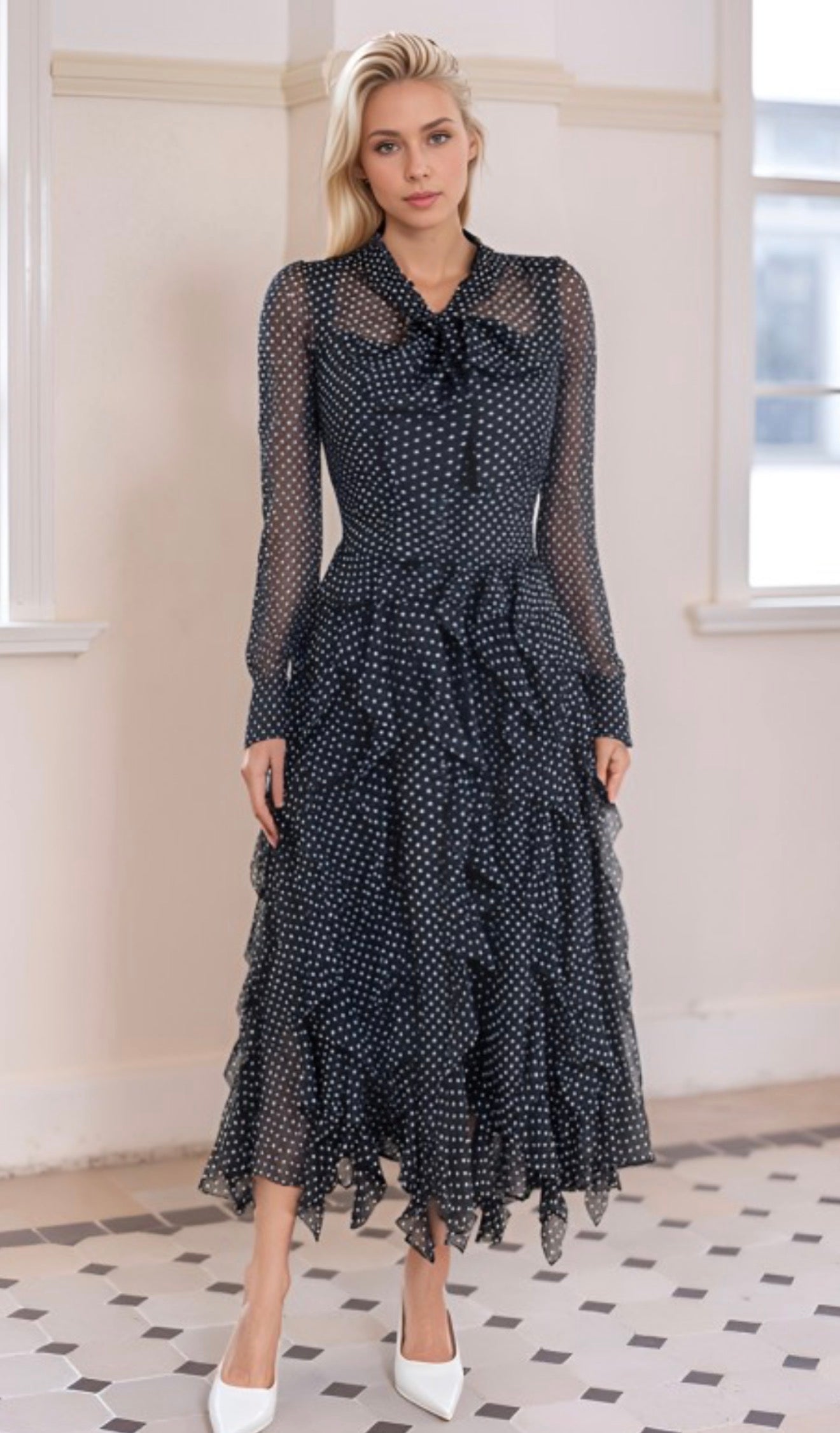 Elegant Polka Dot Chiffon Dress