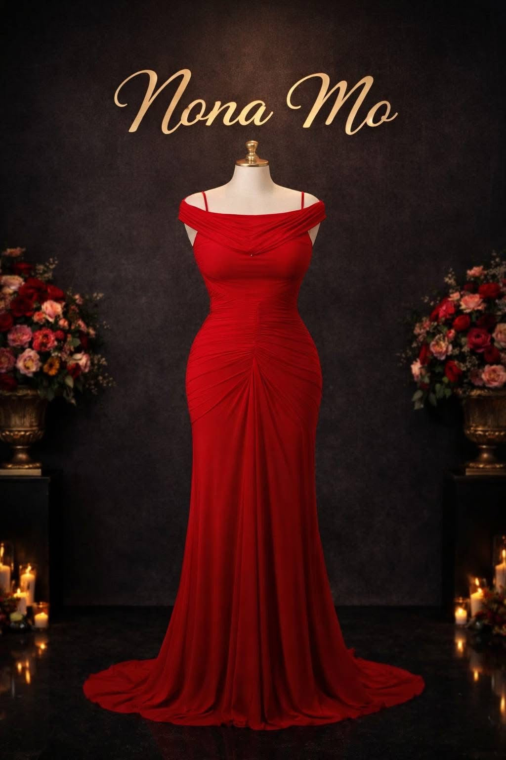 Luxury Red Evening Gown – Elegant Off-Shoulder Dress