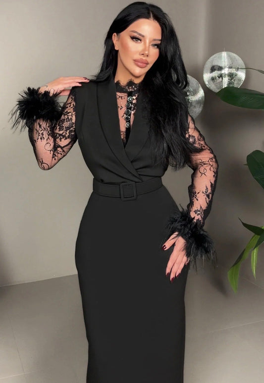 Elegant black Lace Sleeve Midi Dress
