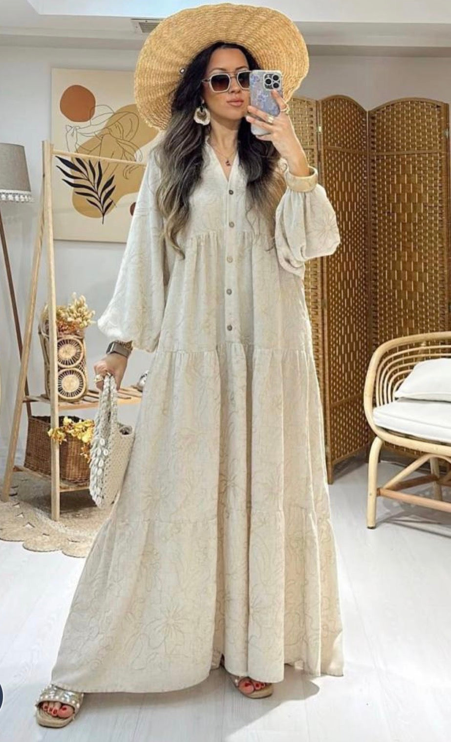 Turkish-made beige dress embroidered with gold threads – a modern and elegant style