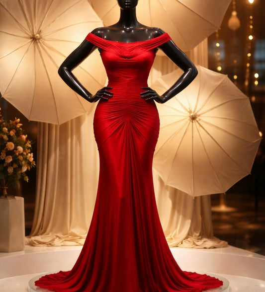 Luxury Red Evening Gown – Elegant Off-Shoulder Dress