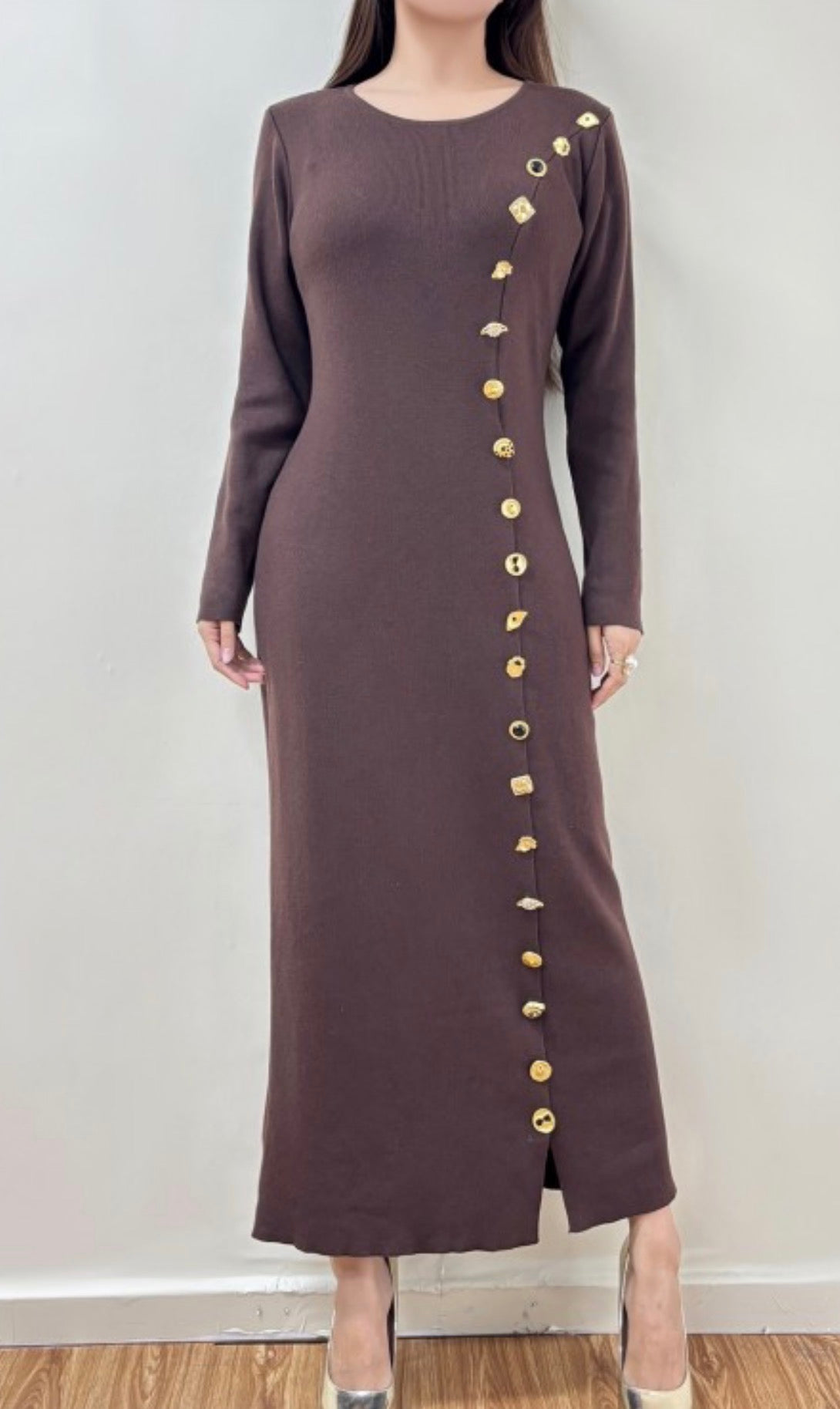 Luxury Brown Maxi Dress with Gold Side Buttons