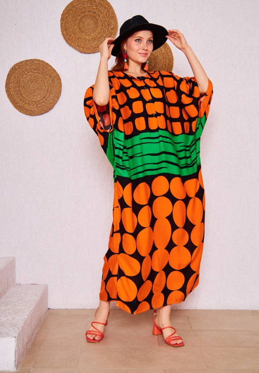 Maxi Kaftan Dress – Orange & Green Geometric Print