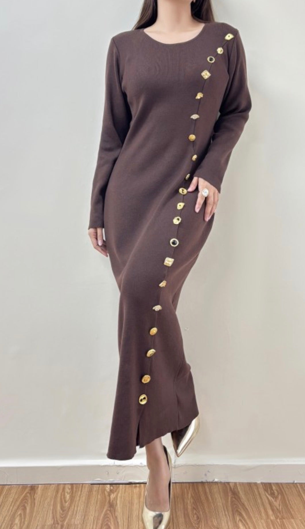 Luxury Brown Maxi Dress with Gold Side Buttons