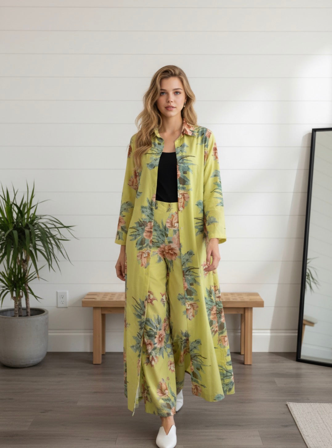 Stylish Turkish linen two-piece set made from soft, lightweight, and breathable fabric. The set includes wide-leg pants and a long floral shirt for a chic and comfortable look. Perfect for summer, casual outings, and everyday elegance. ✨