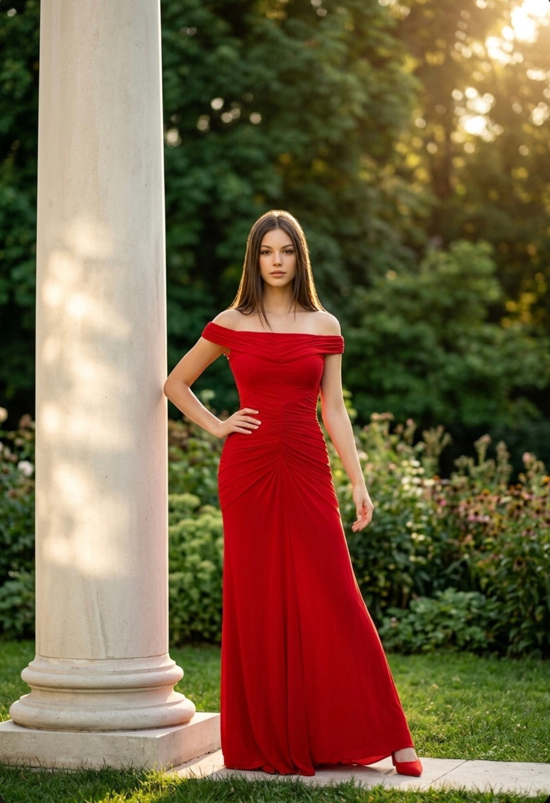 Luxury Red Evening Gown – Elegant Off-Shoulder Dress