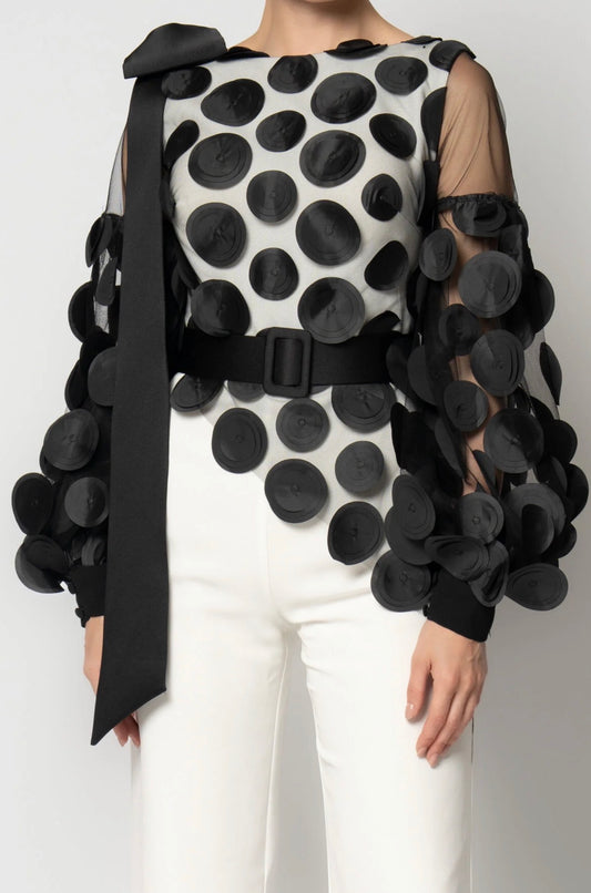 Elegant Black & White Polka Dot Jumpsuit with Sheer Embellished Sleeves