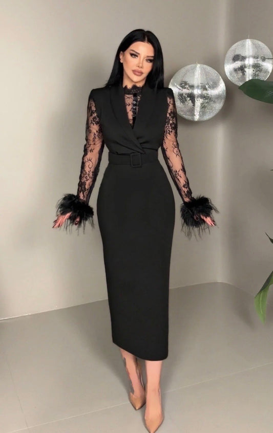 Elegant black Lace Sleeve Midi Dress