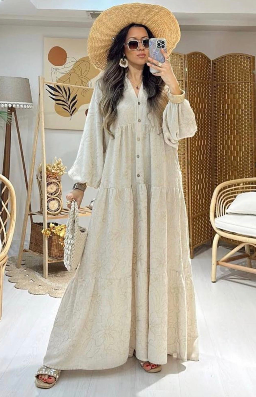 Turkish-made beige dress embroidered with gold threads – a modern and elegant style